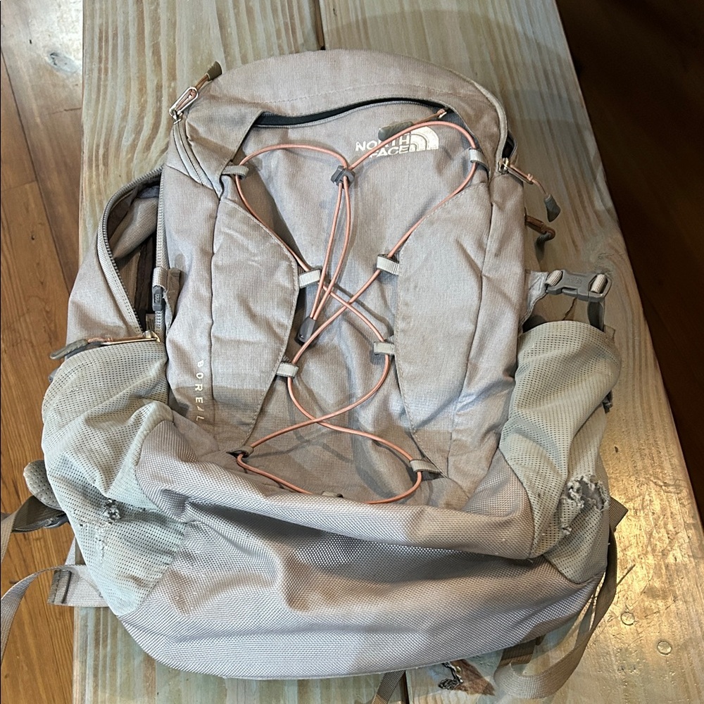 The North Face Gray Backpack with coral accents